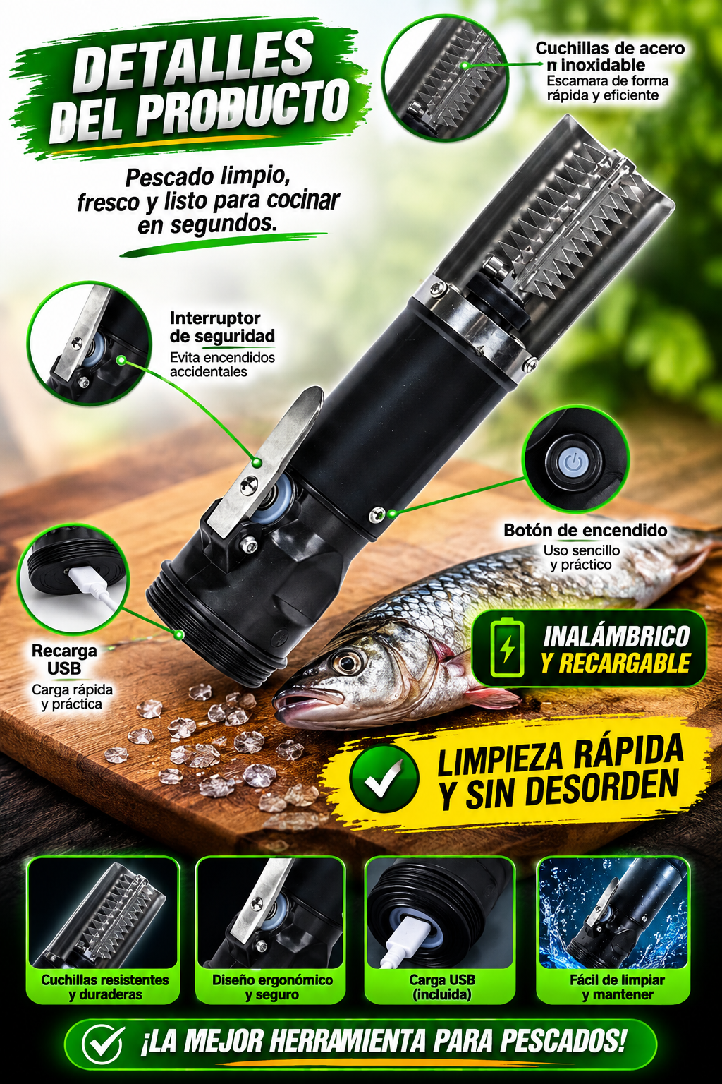 QUITA ESCAMAS ELECTRICO ACERO INOXIDABLE
